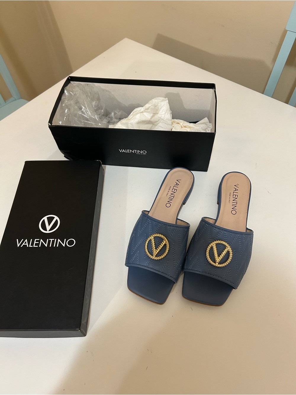 Valentino Blue Leather Logo Slide Mules with Gold Emblem